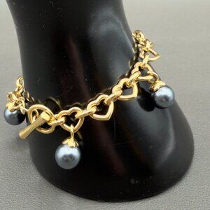 Gold Tone Valentine’s Heart Link Bracelet Pearl Charms Toggle Clasp
